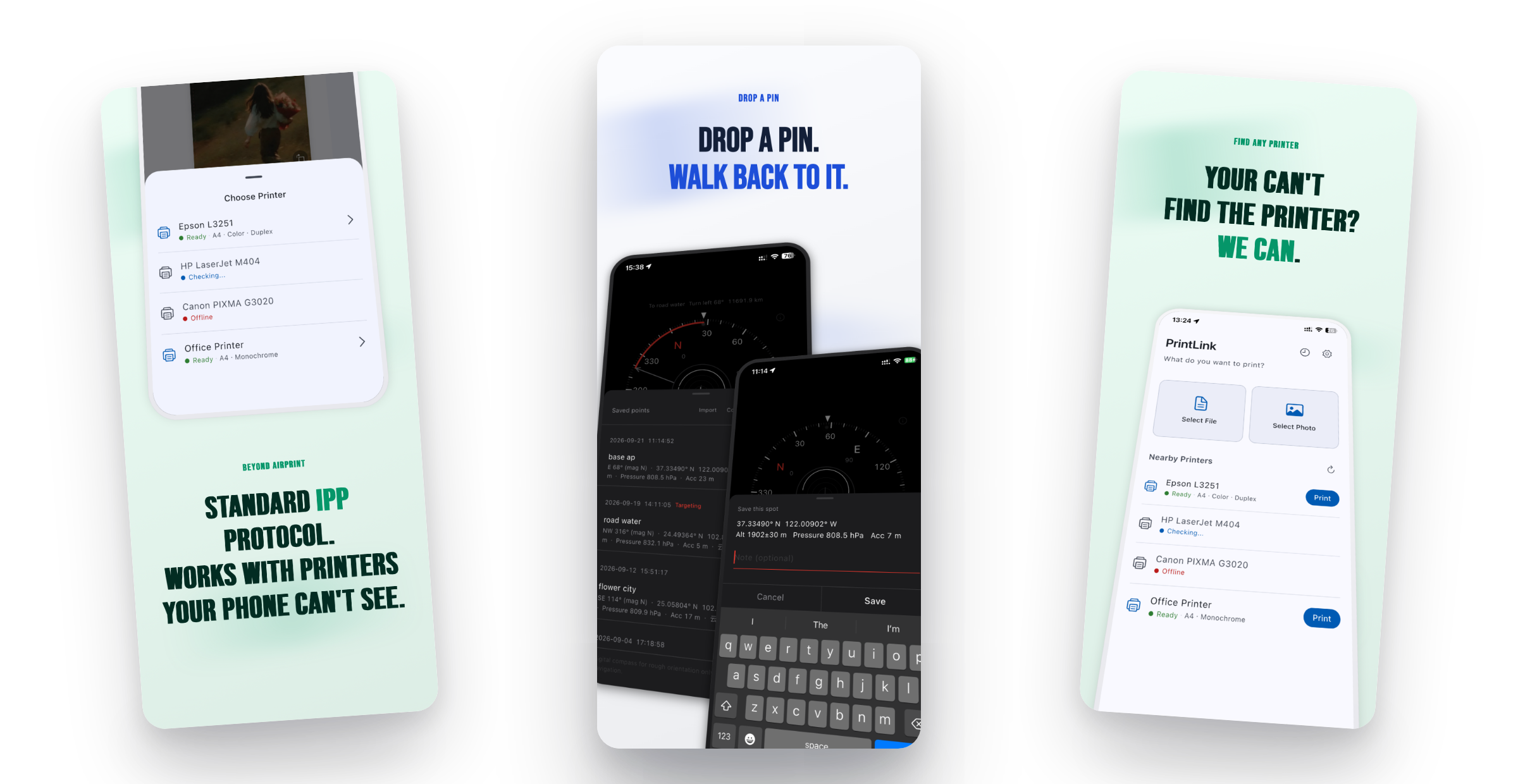 Real app store screenshots designed with ScreenForge — a printer app and a compass app on device frames